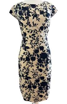 Land's End Cream Navy Floral Velvet Sheath Cocktail Dress Womens 8 Midi