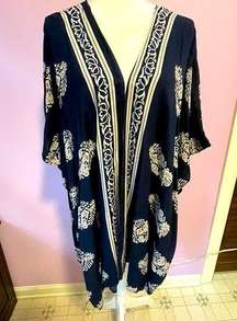 Boho Floral Navy Kimono Longline Open Front Poncho Shawl Medium