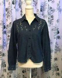 VINTAGE 80s 90s Lemon Grass Denim Chambray Shirt with Flower Embroidery Medium