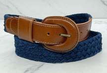 Vintage Blue Braided Woven Belt with Brown Trim Size Small S Womens