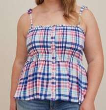 NEW NWT TORRID 2 Plus Size Peplum Smocked Bodice Cami Crinkle Gauze Plaid White