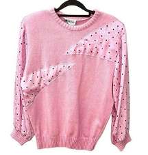 Vintage Pink 90'S Retro Knit Sweater Size Medium Polka Dots Stranger Things