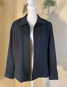 Vintage Blue Ice Black Faux Micro Suede Embroidered Open Front Blazer Size 8