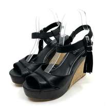 Ralph Lauren Gwen Black Leather Ankle Strap Wedge Sandals Women's 9 US