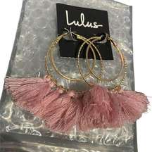 Lulus Double Hoop Gold Tone Pink Tassel Earrings NEW