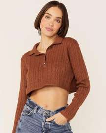 Revolve Callahan knitwear BROWN CABLE KNIT LONG SLEEVE DAISY POLO XS