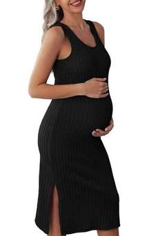 NWT Ekouaer Maternity Dress Rib Knit Sleeveless Tank Side Slit Bodycon Dress