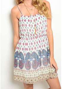 TRAC USA Cream Diamond Print Sundress Womens Small Spaghetti Strap Boutique