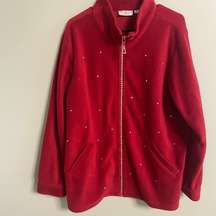 Quacker Factory Fleece Jacket Size XL Red Rhinestones Full Zip Bling