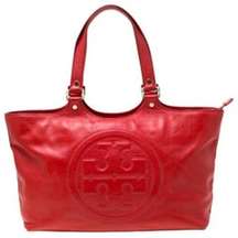 Tory Burch Red Leather Embossed Logo Double Handle Shoulder Bombe Tote Handbag