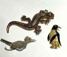 Animal brooches penguin lizard roadrunner rhinestones gold silver black