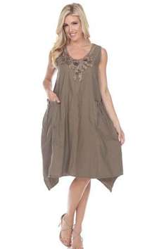 PRETTY ANGEL Women's L Linen Blend Trapeze Midi Dress Coffee Floral Embroidered