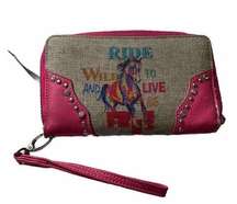 Mountain West Pink Horse Print Zip Around Cowgirl Burlap Vegan Leather Wallet