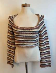 Emory Park Multicolor Chunky Striped Knit Crop Sweater Brown Yellow Blue SMALL