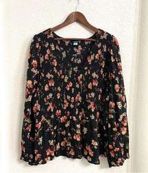 Old Navy Womens Shirt Blouse Black Peach Floral Long Sleeve Smocked Size XXL