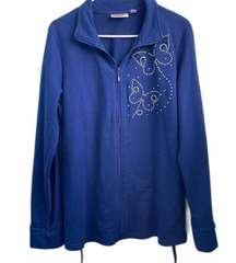 Quacker Factory Blue Butterfly Zip Up Jacket Size Large