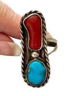 Vintage Sterling Silver Southwestern Turquoise Coral Ring Sz 6.5