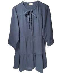 Just Living Gauze Cotton Front Tie 3/4 Sleeve Tier Mini Dress in Navy