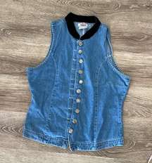 Vintage 90s button front blue denim vest with black velour collar small