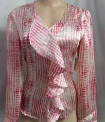 "COLDWATER CREEK" PINK ABSTRACT RUFFLE CAREER CASUAL SHIRT BLOUSE SIZE: M NWT