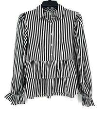 Moon Orchid Black White Stripe Button Up Babydoll Top Peplum Long Sleeve Size XS