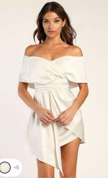 Always Celebrating Ivory Satin Off-the-Shoulder Mini Dress