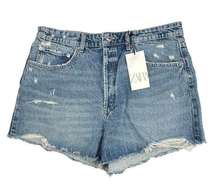 Zara NWT Blue Denim High Rise Distressed Button Fly Cut-Off Jean Shorts Size 14