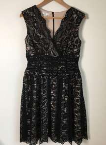 London Times‎ Black Lace Faux Wrap Sheath Dress Sleeveless Lined Womens S…