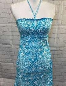 Beach Cover Up Halter Style Turquoise/White-Small