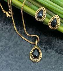 Vintage AVON Signed Key of Life Accent Black  Goldtone Necklace Earrings Set