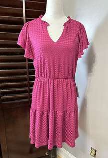 London Times Womens Tiered A Line Dress Pink Stretch V Neck Cap Sleeve M New