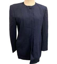 Size 8 Jones New York Women's 1990s Vintage Navy Blue Wool Blazer Below Hip