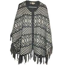 Flying Tomato Poncho Sweater Button Front Fringe Hem Knitted Gray White S/M