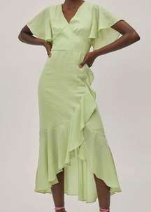 Nasty Gal Angel Sleeve Ruffle Detail Satin Maxi Dress green size S