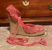 Coral Pink Macrame Braided Tie Espadrille 5” Wedge Heels $99 EUC 10