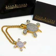 Joan Rivers TURTLE + BABY TURTLE PAVE CRYSTAL PINS Brooch Gold Plate Rhinestones