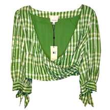 CINQ A SEPT Flora Check Gingham Faux Wrap Top Size S Hemp (Green)/White NWT