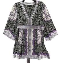 INC Kimono Dress Womens 14 Purple Black Paisley Silk Chiffon Tie Belt Festival