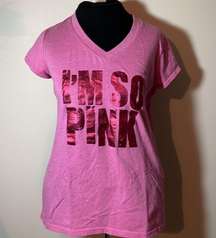 Xersion I’M SO PINK v-neck foil Print athletic shirt top pink cancer awareness