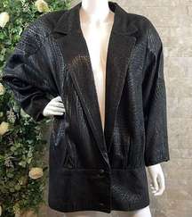 Vtg EREZ 80s Genuine Leather Oversized Coat Jacket Black Animal Print Size Small