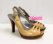 Peep-Toe Dark Tan Camel Yellow Slingback Shiny Cut-Out Cutouts Retro Heels