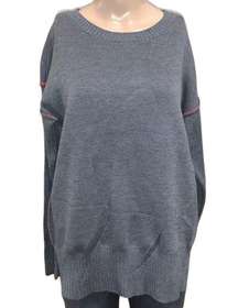 Womens Sweater Pullover Long Sleeves Tunic Contrast Trim Gray Pink Small