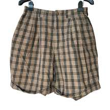 Vintage Bogner Plaid Pleated Roll Cuff Mom Bermuda High Rise Shorts Tan