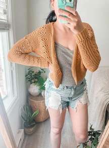 Moon & Madison Open Knit Shrug Cardigan Sweater Small Golden Mustard Yellow