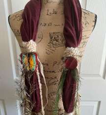 NWOT Handcrafted Scarf in Wine w/Cream, Tan, Green Ribbons & Butterfly/