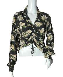 Oak + Fort Shirt Womens Medium Black Cream Floral Flowers Ruched Tie Front Bloom