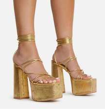 Ego rustic cork like gold platform straps wrap around ankle sandal shoes