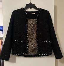 Black Tweed Blazer With Pearls