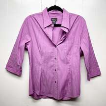 NY & CO 3/4 Sleeves Button Front Striped Purple Shirt Women's Size Large Office