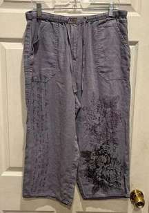 J. Jill Wide Leg Cropped Pants 14 Chambray Blue  Purple Floral 100% Linen